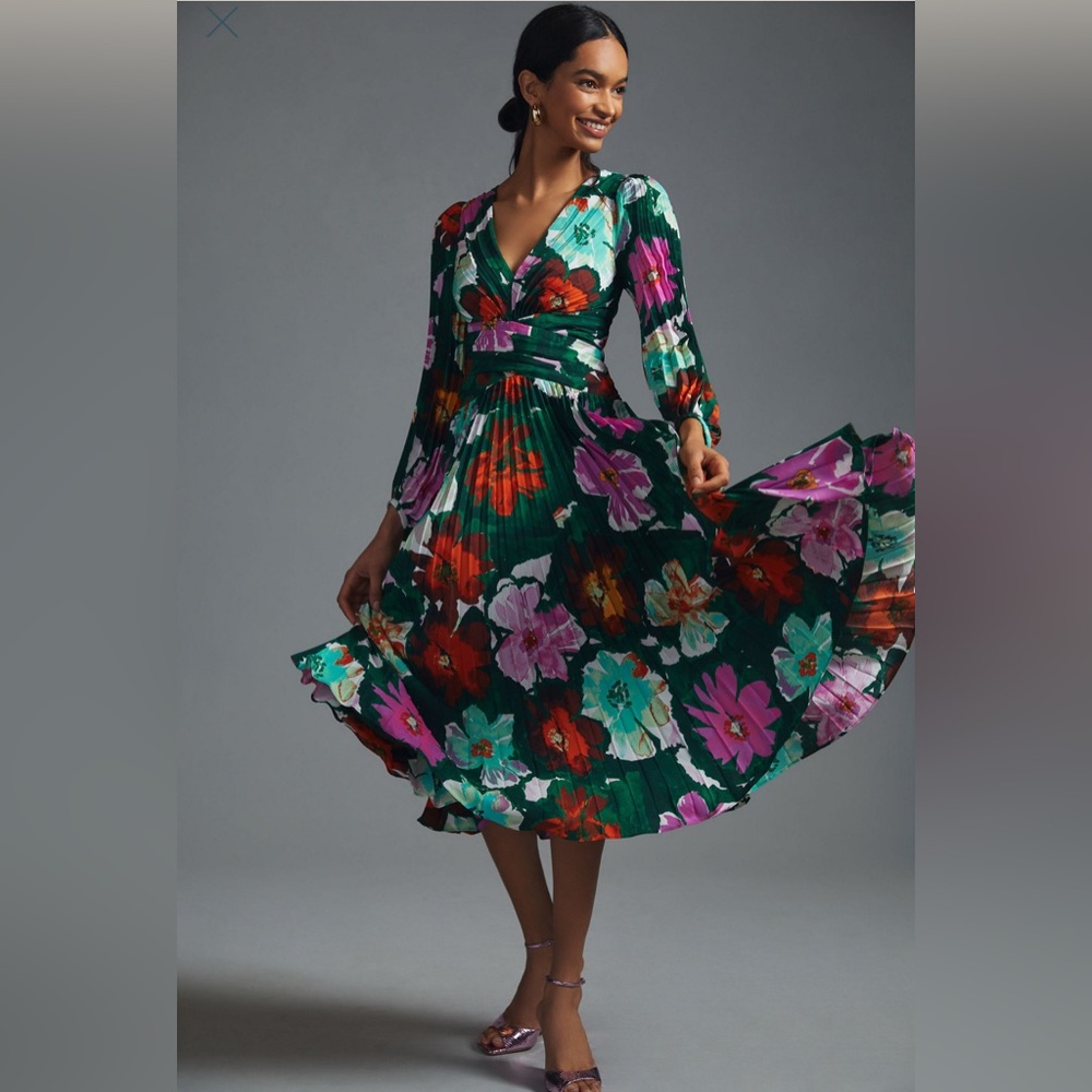 Anthropologie Floral V-Neck Pleated Midi Dress